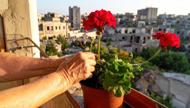 Elderly hands tenderly caring for a vibrant red geranium in a potted plant against an urban cityscape backdrop.