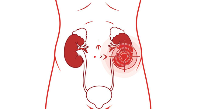 Medical illustration of human torso showing urinary system with kidney target highlighted for diagnosis or stone treatment.