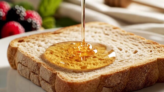Viscous golden syrup cascades gracefully onto a slice of baked wholesome bread, a delightful morning delight accompanied by fresh berries and a linen napkin, creating a visually appetizing scene