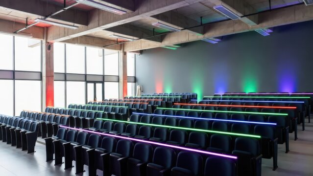 A modern aula featuring vibrant LED lighting and rows of dark seating inside a contemporary auditorium, perfect for a high tech seminar or architectural design showcase.