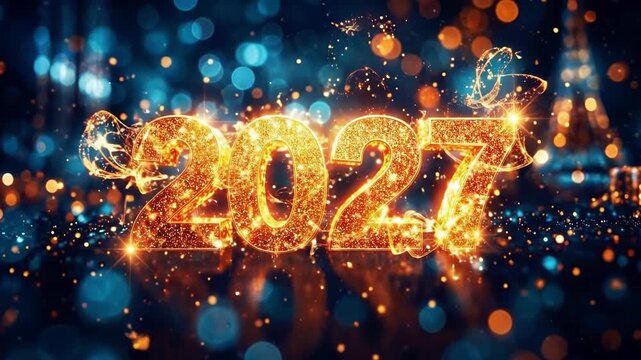Golden 2027 numerals with sparkling bokeh lights. New year 2027 celebration concept. Festive holiday design for countdown and greetings in upcoming year