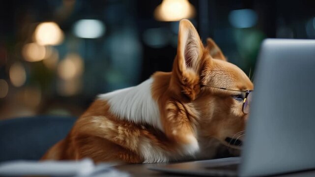 Corgi wears glasses, focused on laptop screen