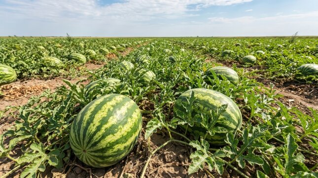A low perspective cinematic shot across a vast watermelon field with ripe fruit ready for harvest under a bright sunny sky, capturing the lush agricultural landscape in a widescreen format.