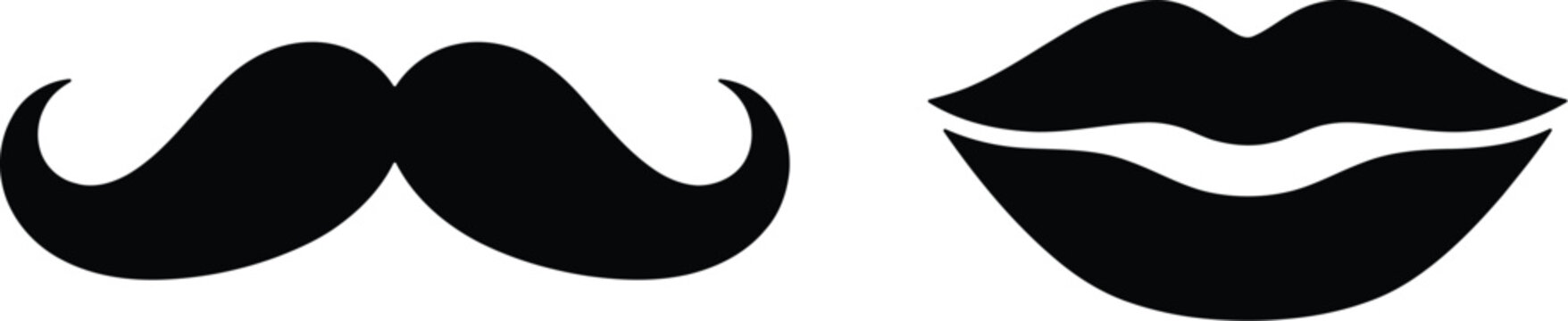 Silhouette of mustache and lips on white background for graphic design