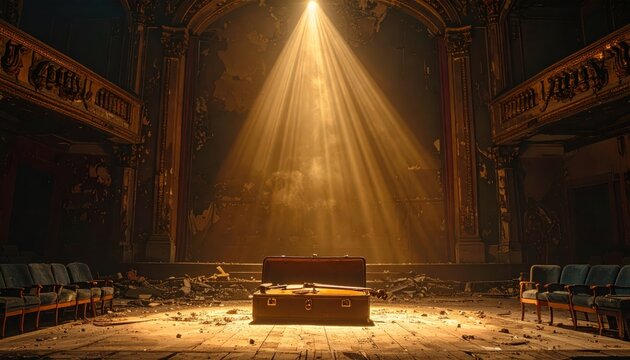 Dust-covered violin case rests on the dilapidated stage of an abandoned theater illuminated by a single spotlight.