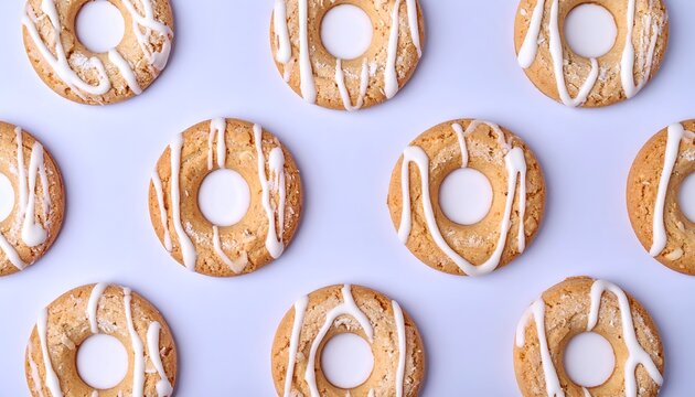 Overhead shot of numerous ring-shaped cookies adorned with white icing on a pale background
