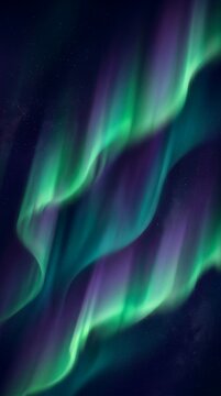 Stunning abstract aurora borealis inspired background with flowing green, teal, and purple light curtains on a dark cosmic sky. Versatile for travel, science, technology, and creative projects.