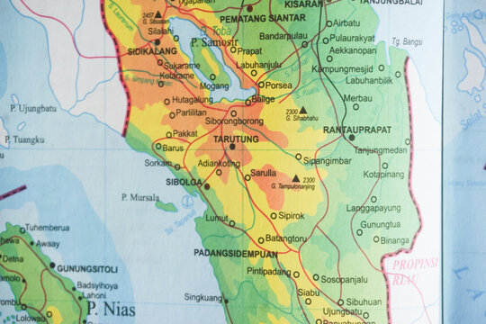 close up of map of North Sumatra, Sibloga 'Medan' , Indonesia