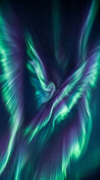 Stunning abstract aurora borealis inspired background with flowing green, teal, and purple light curtains on a dark cosmic sky. Versatile for travel, science, technology, and creative projects.