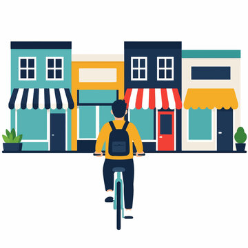 A young student cycling towards local shops in the city.