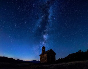 Fototapeta premium A serene and isolated stone church under a vibrant starry night sky