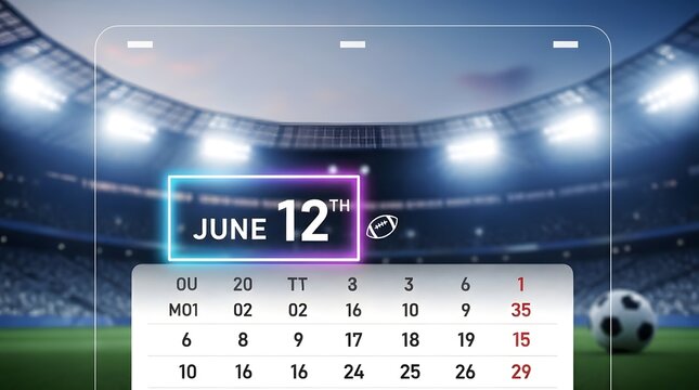 A calendar displaying june 12th on a soccer stadium background with a soccer ball