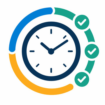 Clock icon with circular progress bar and check marks, representing time management and task completion in flat vector style