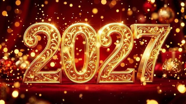 Golden ornate numerals forming 2027 on luxurious red velvet surface with sparkling bokeh lights and hanging gold ornaments