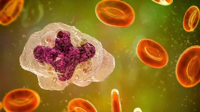 Macrophage in blood smear, 3D animation showing slowly rotating large phagocytic immune cell with abundant cytoplasm, illustrating innate immune response.