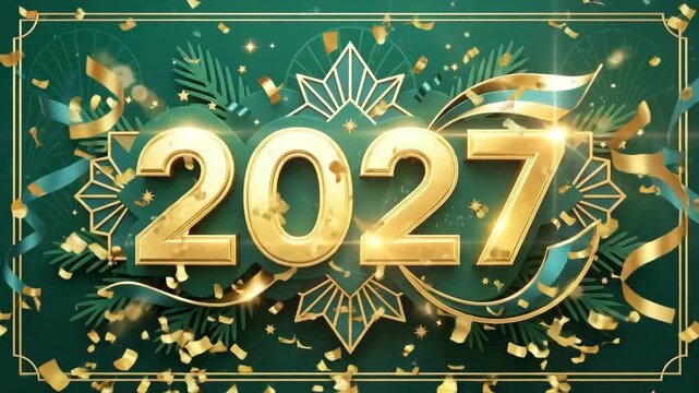 Elegant golden 2027 numerals surrounded by green fir branches and art deco ornaments. Festive new year design for holiday greetings invitations and celebrations in luxurious style