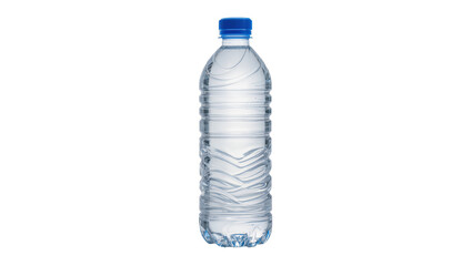 Clear plastic water bottle with blue cap, isolated on transparent background