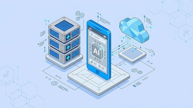 Artificial intelligence isometric concept with smartphone and data server, cloud computing technology illustration, mobile AI processing and network infrastructure