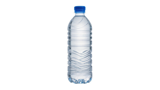 Clear plastic water bottle with blue cap, isolated on transparent background