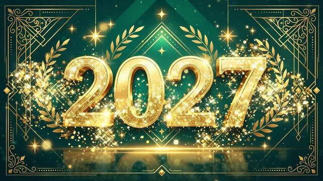 Golden 2027 numerals framed by laurel wreaths on emerald green background. Ornate art deco design for new year celebrations. Festive graphic symbolizing prosperity and fresh beginnings in 2027