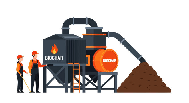 Biochar Production Plant with Workers and Pyrolysis Machine for Carbon Sequestration and Sustainable Agriculture Vector Illustration