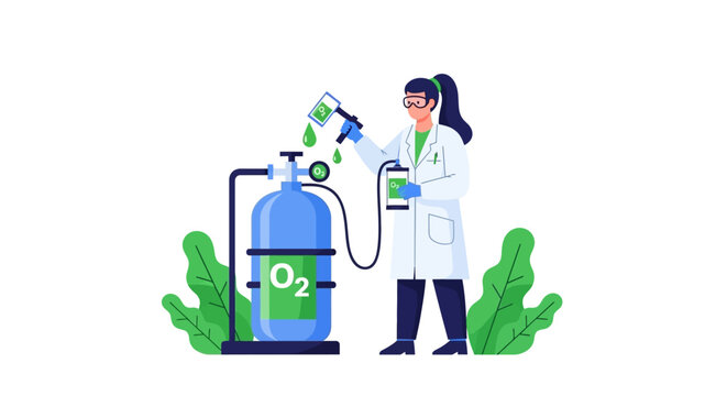 Female Scientist Working with Oxygen Cylinder Tank in Laboratory, Vector Illustration of Medical Research or Industrial Gas Production Concept