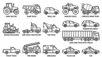 Flat lay illustration of various vehicles including farm tractor, dump truck, and fire engine on a clean white background with line art style and a neutral color palette. © Dhiyak