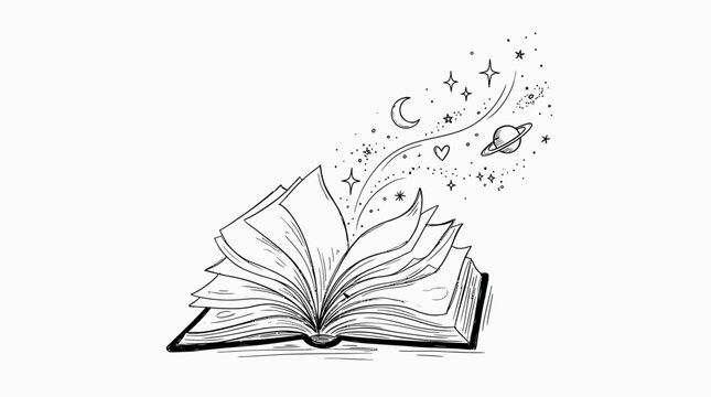 Illustration of an open book with celestial symbols and stars emerging from the pages on a plain white background.