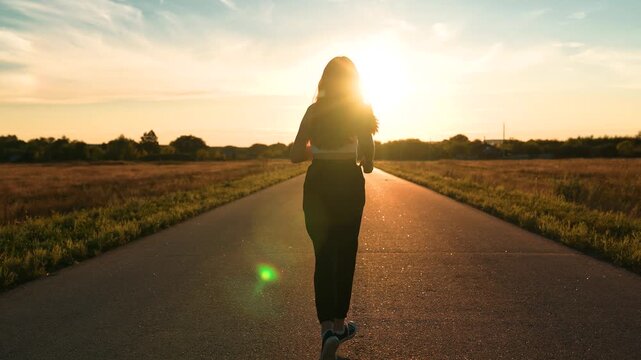 silhouette sports girl running along road sunset, fitness sports woman running up, outdoors sunny day, jogger, woman sport recreation, light training, runner athlete's leg, gorgeous slim caucasian