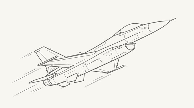 Line drawing of a fighter jet in flight with motion lines on a plain background.
