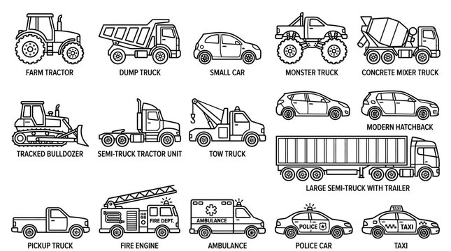 Flat lay illustration of various vehicles including farm tractor, dump truck, and fire engine on a clean white background with line art style and a neutral color palette.