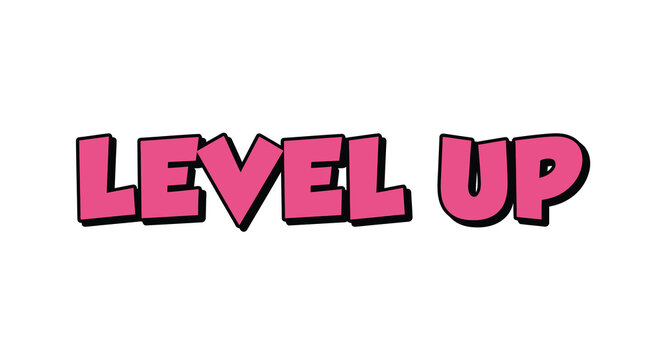level up text in bold pink font