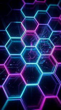 Futuristic dark abstract background with vibrant neon geometric shapes and glowing hexagonal grid. Ideal for tech brands, gaming, cybersecurity, and digital marketing.