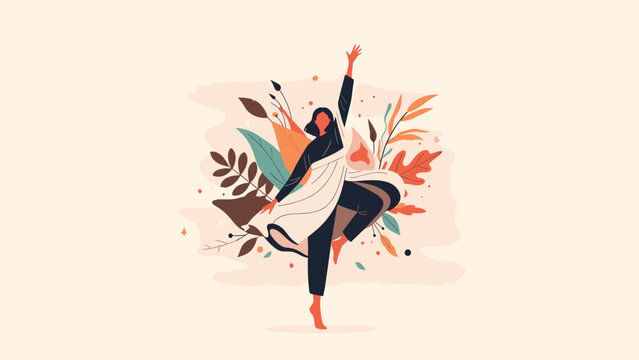 Artistic woman dancing gracefully among large colorful tropical leaves and flowers in a vibrant illustration celebrating nature and movement.