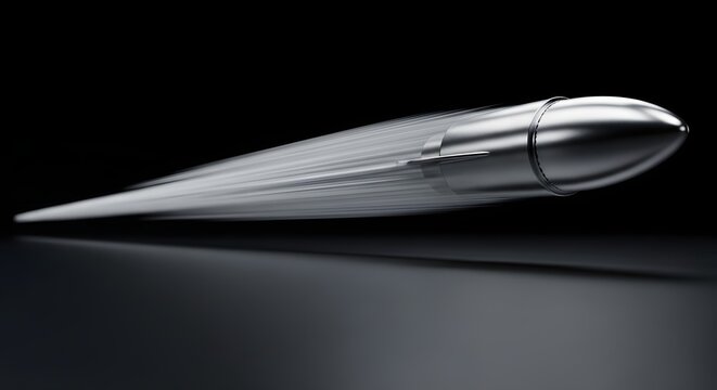 Silver bullet flying in high speed motion blur over dark metallic background