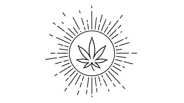 Minimalist outline of a cannabis leaf centered within a circular sunburst design representing natural medicine or marijuana culture.