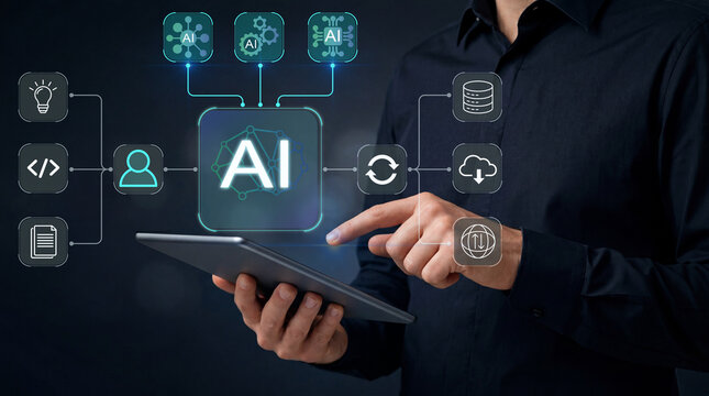 AI agents platform for intelligent business automation. Autonomous agents connecting applications, data sources and enterprise workflows. Professional using AI agent system