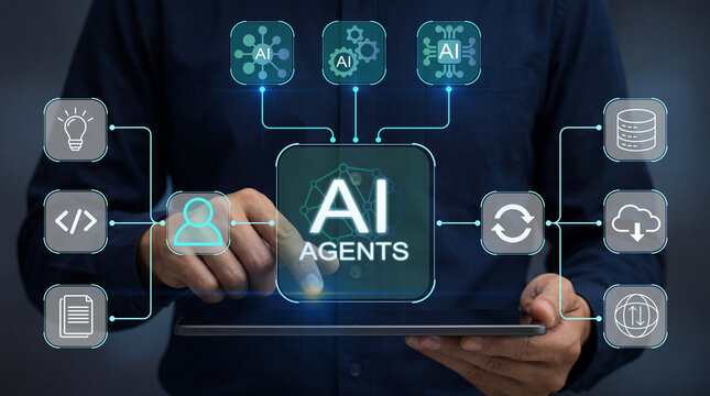 AI orchestration platform for intelligent workflow automation. Connecting AI systems, data flows and business processes across enterprise operations. Businessman using AI orchestration system