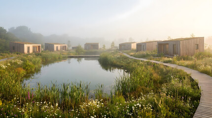 Obraz premium Serene Lakeside Village: A tranquil village of modern wooden cabins with green roofs nestled beside a calm lake, surrounded by lush vegetation and wildflowers.