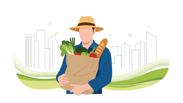 Farmer in a straw hat carries a large brown paper grocery bag filled with fresh green vegetables, red peppers, and a loaf of crusty bread.