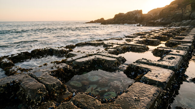 Ancient Stone Structures by the Sea: Weathered stone blocks, encrusted with barnacles and filled with tide pools, line the coast under a warm, soft sunset sky.