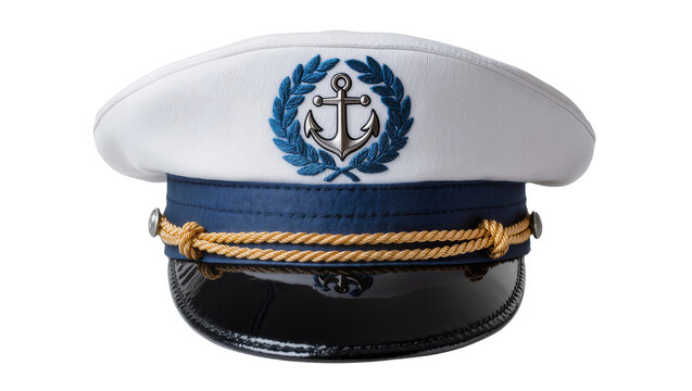 White captain s hat with blue anchor emblem and gold rope, isolated on transparent background