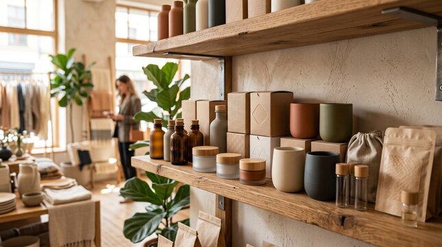 Natural skincare products displayed on rustic wooden shelves in a bright boutique store with a customer browsing in the background