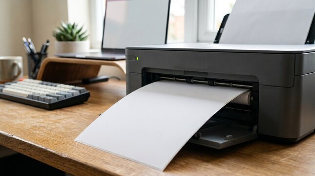 Modern home office setup with a printer in action, laptop, keyboard, and plant on a wooden desk