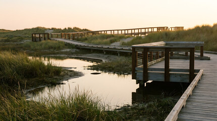 Fototapeta premium Wooden Boardwalk Through a Serene Marsh at Sunrise: A picturesque wooden boardwalk meanders through a tranquil marshland, its weathered planks reflecting the soft, golden hues of the rising sun.