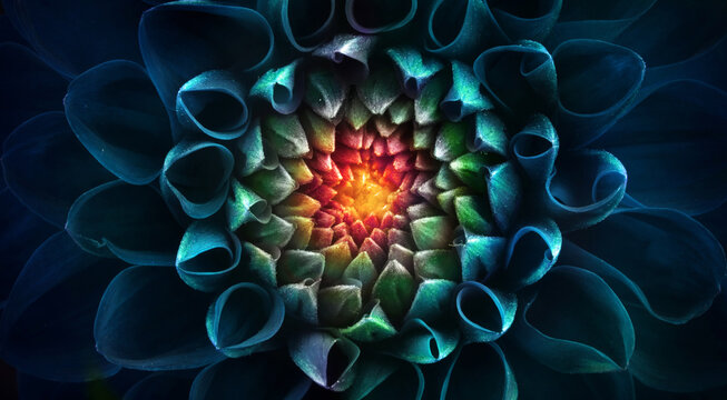 Dark gothic macro photograph of a blooming chrysanthemum flower with dramatic curled petals and glowing colorful center. Abstract floral symmetry with moody atmosphere, mysterious botanical texture.