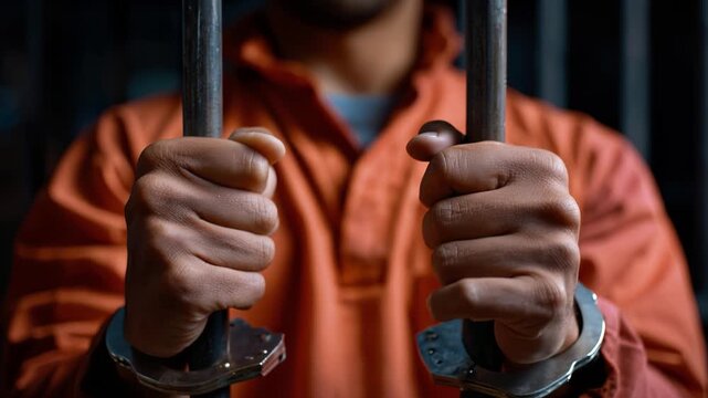 Man grips bars, hands cuffed