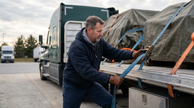 Truck driver securing cargo with straps on a flatbed trailer during daytime loading operations