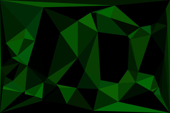 Abstract dark green geometric low polygon pattern with random triangles and black background.