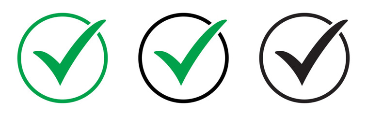 Naklejka premium Check mark icon set in circles. Green and black tick signs, ok and approve symbols line art